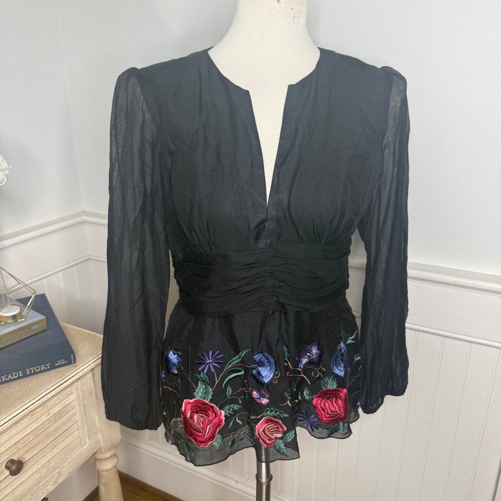 Tibi Black Silk Blend Embroidered Floral V-Neck Ruched Peplum Blouse M